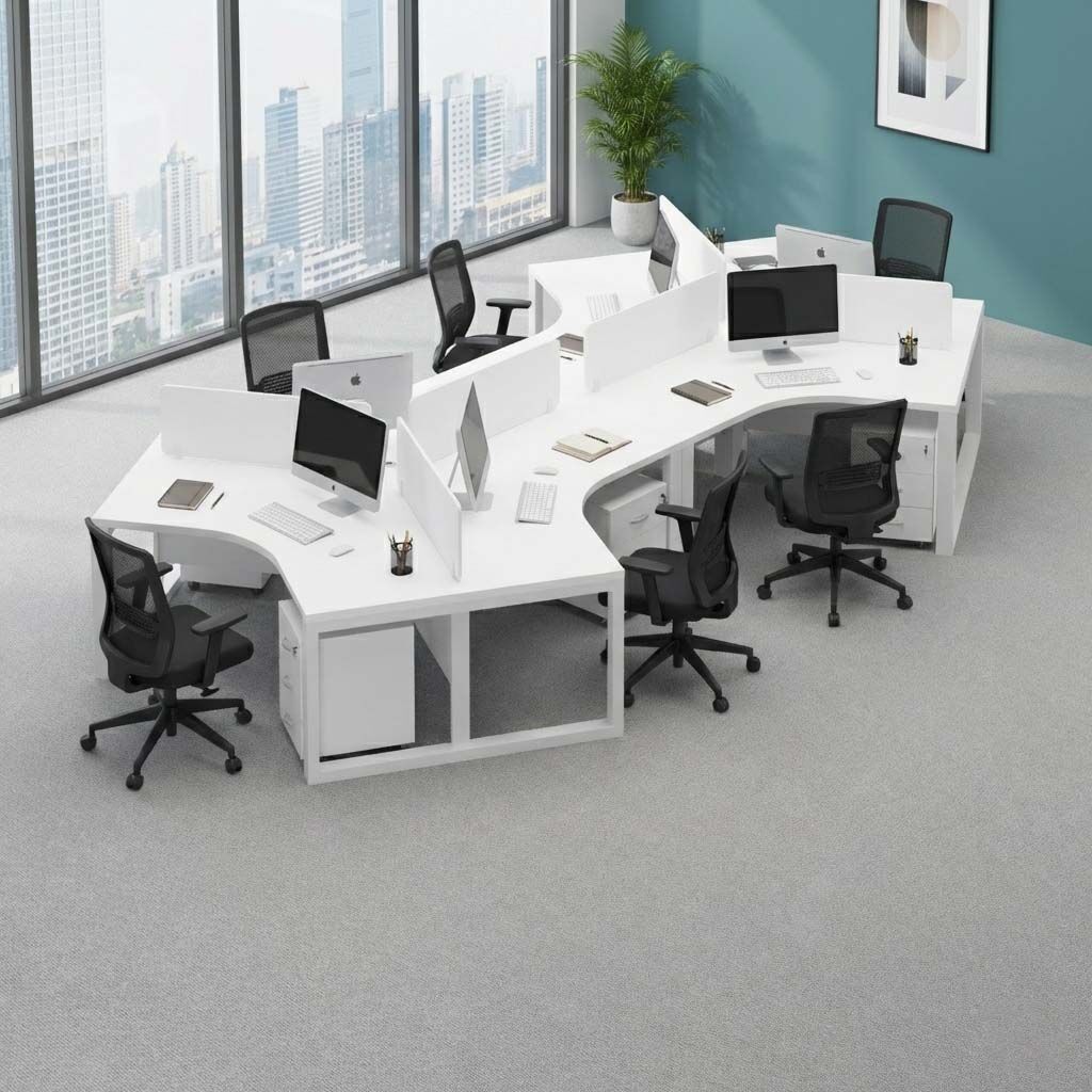 Curved office workstation desk for 6 person with fabric partitions